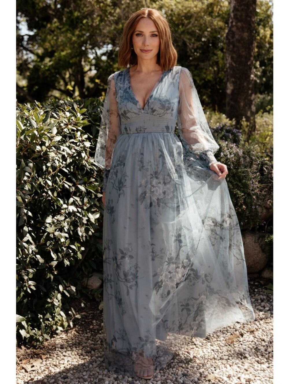 NWT Baltic Born Dusty Blue Floral Layla Tulle Maxi Dress Size Large